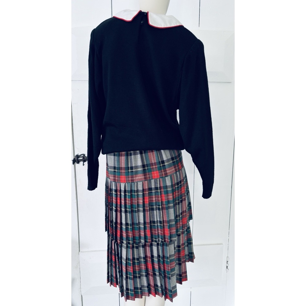 Vintage 80s Tartan Plaid 2pc Skirt Set Black Sweater Pleated Tiered Holiday 7/8 - Picture 3 of 15